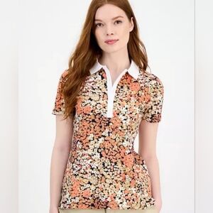 Tommy Hilfiger Floral Polo Shirt - Coral Orange,beige Black, and White Sz XL